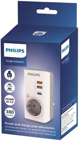 Philips CHP8010W/GRS Μονόπριζο Ασφαλείας 380J με 2 USB-A &amp; USB-C 4895229130166